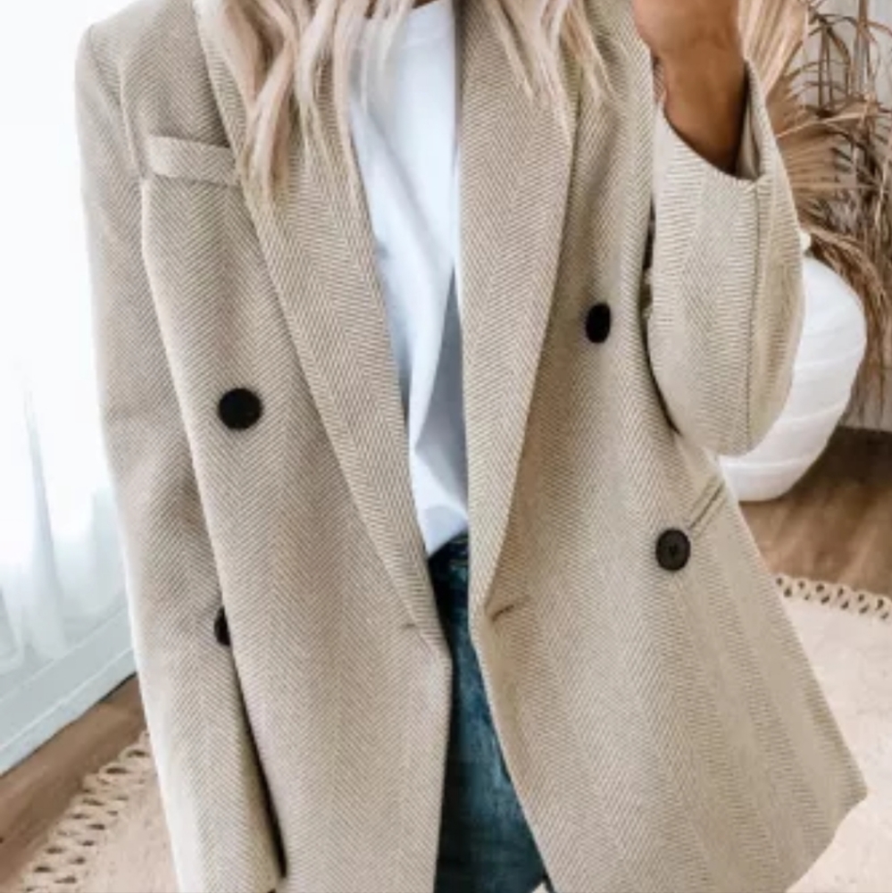 🙂New Chevron Ribbed Double Breasted Lapel Collar Blazer - Picture 3 of 16